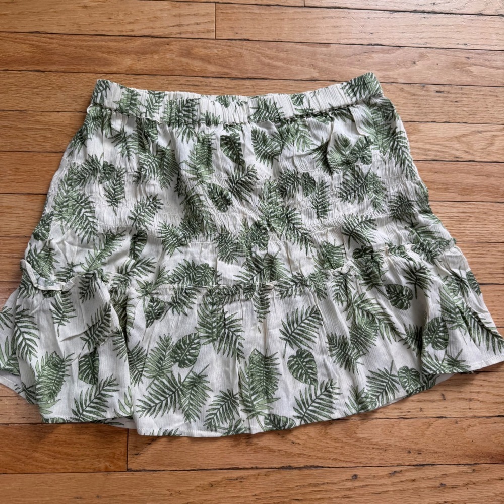 Elodie Tropical Palm Leaf Print Ruffle Mini Skirt Green Cream XL NEW